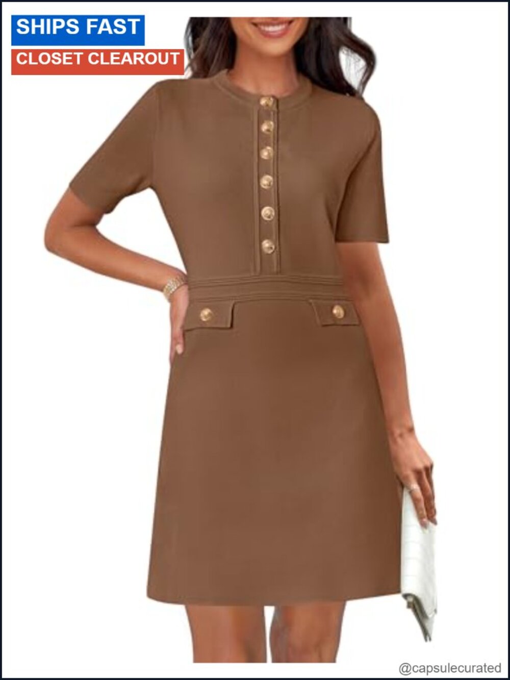 Women's Short Sleeve Bodycon Sweater Mini Dress Ribbed Knit Crew Neck Button